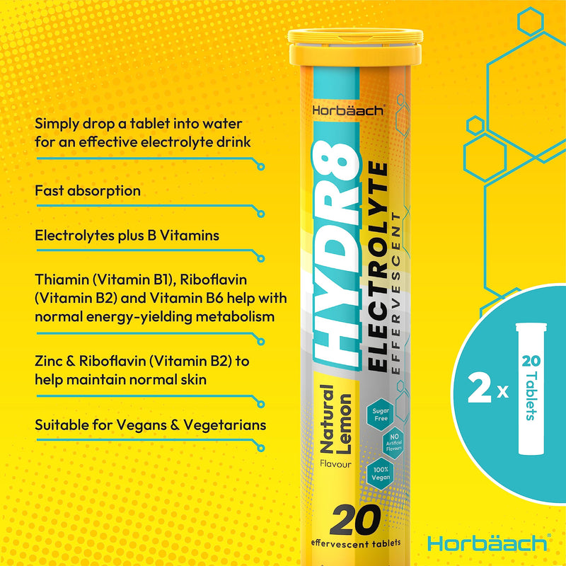 [Australia] - Hydration Tablets with Electrolytes | 2 Pack | 40 Multivitamin Effervescent Tablets | with Vitamin B1, B2, B6 and Minerals | Lemon Flavour | Vegetarian & Vegan | by Horbaach 