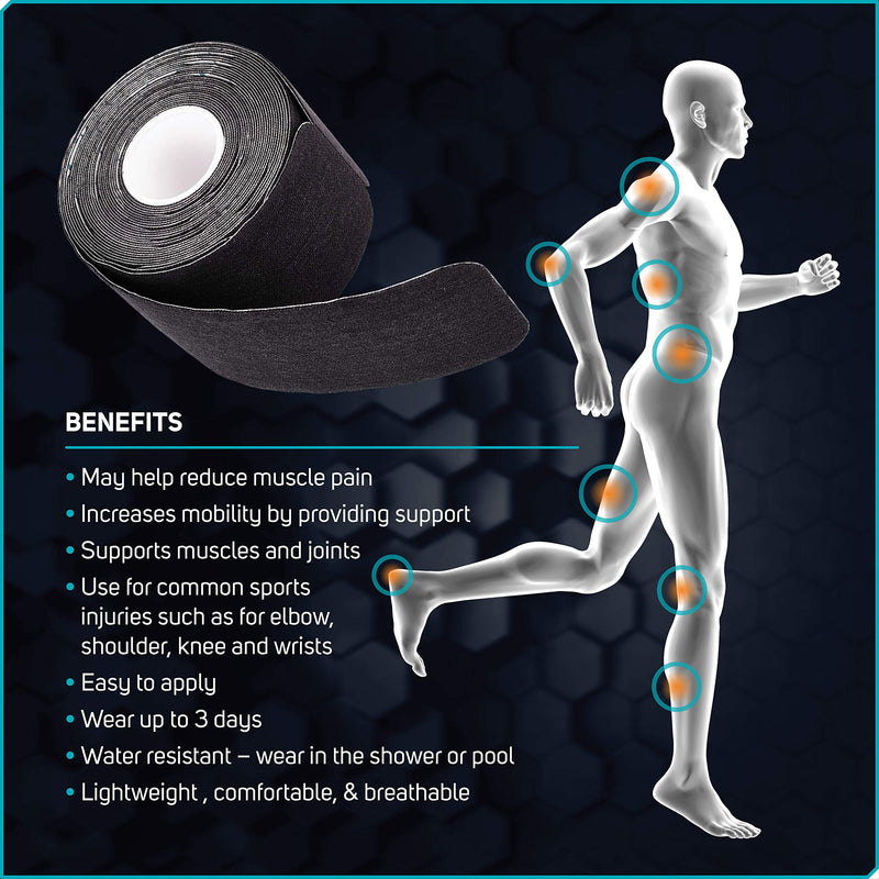 [Australia] - Care Science Waterproof Kinesiology Tape, 40 ct Precut Strips (2 Rolls), Black | Elastic Sports & Weightlifting Tape Supports Muscles & Joints. Water Resistant 