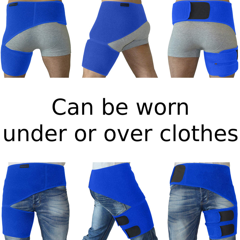 [Australia] - Hip Brace - Hamstring Thigh Compression Support - Sciatica Pain Relief Brace - Wrap for Hip Flexor Strain, Groin Pull, SI Joint, Arthritis, Bursitis, Sciatic Nerve for Men, Women (Blue) Blue 
