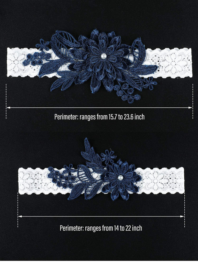 [Australia] - 2 Pieces Wedding Garters Daisy Lace Bridal Garter Hand Sewn Faux Pearls Garter for Bride Navy Blue 