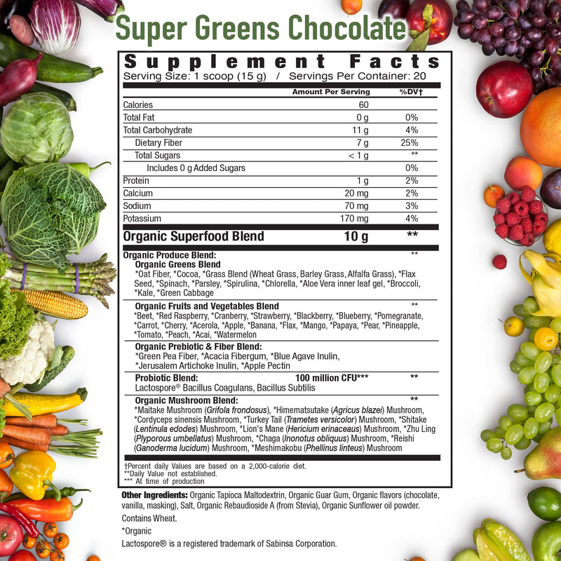 [Australia] - Country Farms Super Greens Flavor, 50 Organic Super Foods, USDA Organic Drink Mix, 20 Servings (Packaging May Vary), (N9880) Chocolate, 10.6 Oz 