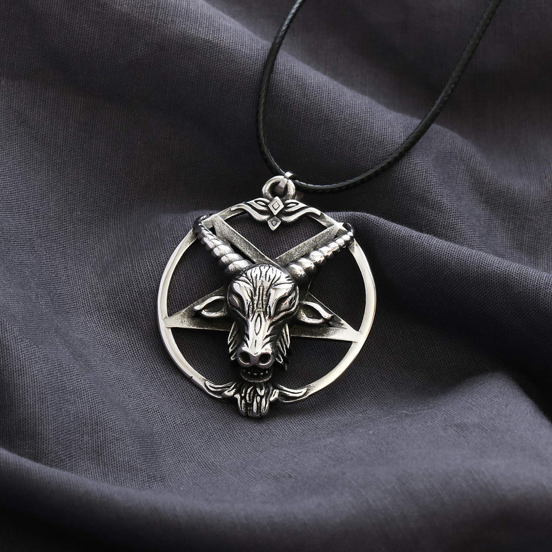 [Australia] - HAQUIL Baphomet Necklace - Stainless Steel, Inverted Pentagram Sabbatic Goat Pendant - PU Leather Cord, 19.7" 