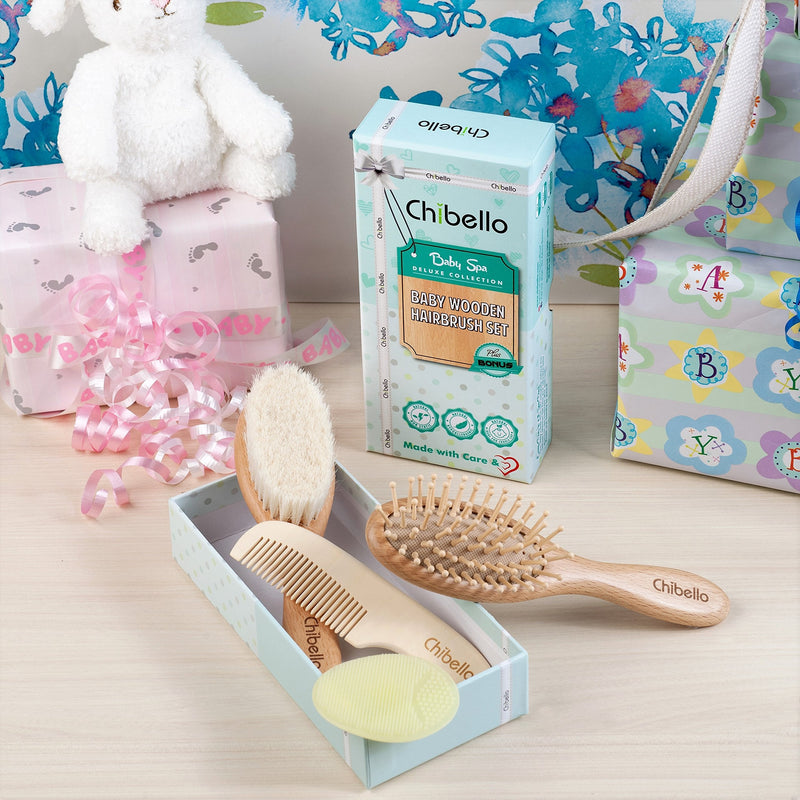 [Australia] - Chibello 4 Piece Wooden Baby Hair Brush and Comb Set Natural Goat Bristles Brush for Cradle Cap Treatment Wood Bristle Brush for Newborns and Toddlers Perfect for Baby Shower and Registry 