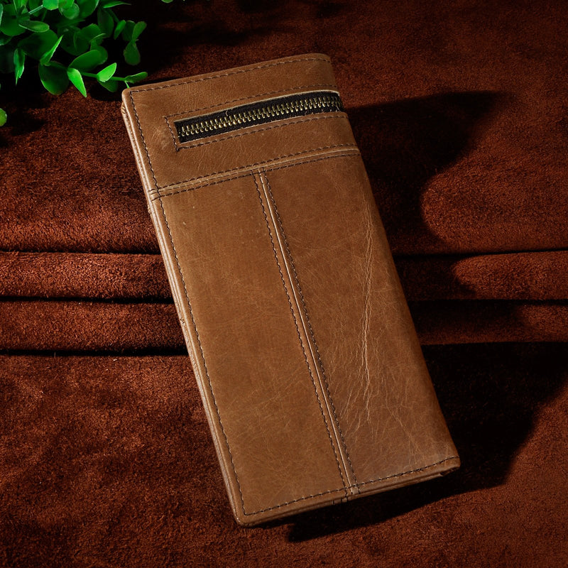 [Australia] - Le'aokuu Mens Genuine Leather Organizer Checkbook Card Case Bifold Wallet with Zipper Pocket (Light Brown) 
