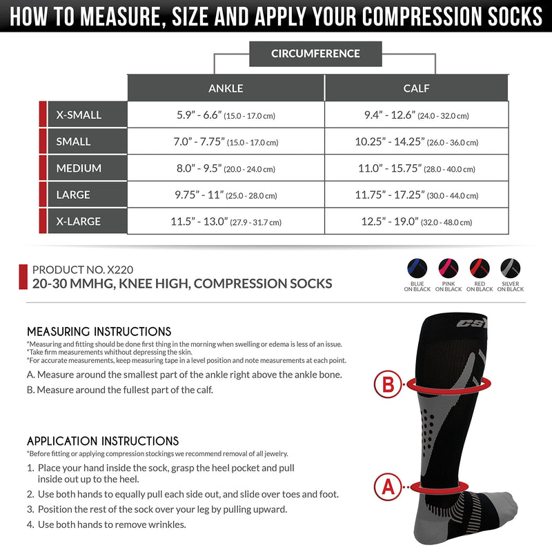 [Australia] - CSX 20-30 mmHg Compression Socks for Men and Women, Knee High, Recovery Support, Athletic Sport Fit, Silver on Black, Large Large (20-30 mmHg) 