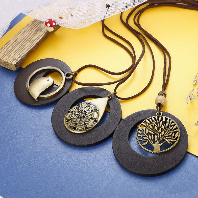 [Australia] - Hanpabum 3Pcs Vintage Handmade Wood Pendant With Cute Charms Long Leather Necklace Sweater Chain for Girl Women Long Necklace All-Match Style Gift 