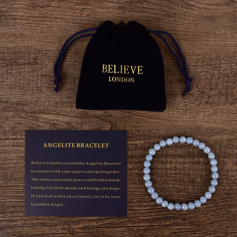 [Australia] - Believe London New Gemstone Healing Chakra Bracelet Anxiety Crystal Natural Stone Men Women Stress Relief Reiki Yoga Diffuser Semi Precious Angelite 6.5" 