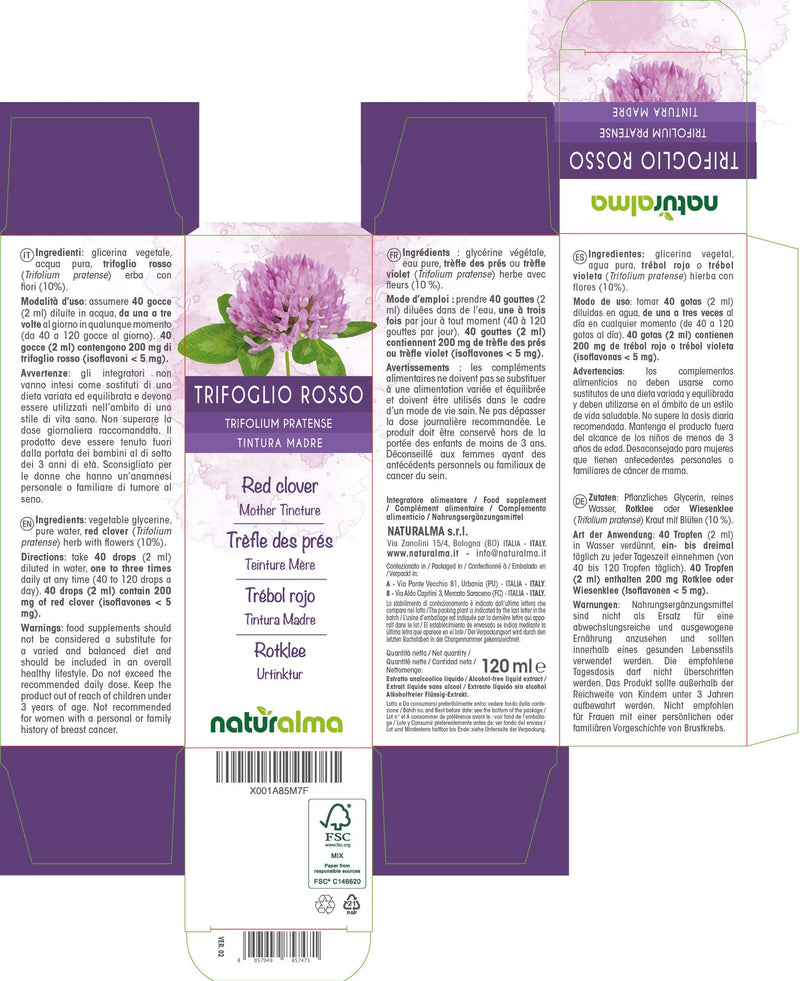 [Australia] - Red Clover (Trifolium pratense) herb with Flowers Alcohol-Free Mother Tincture Naturalma | Liquid Extract Drops 120 ml | Food Supplement | Vegan 