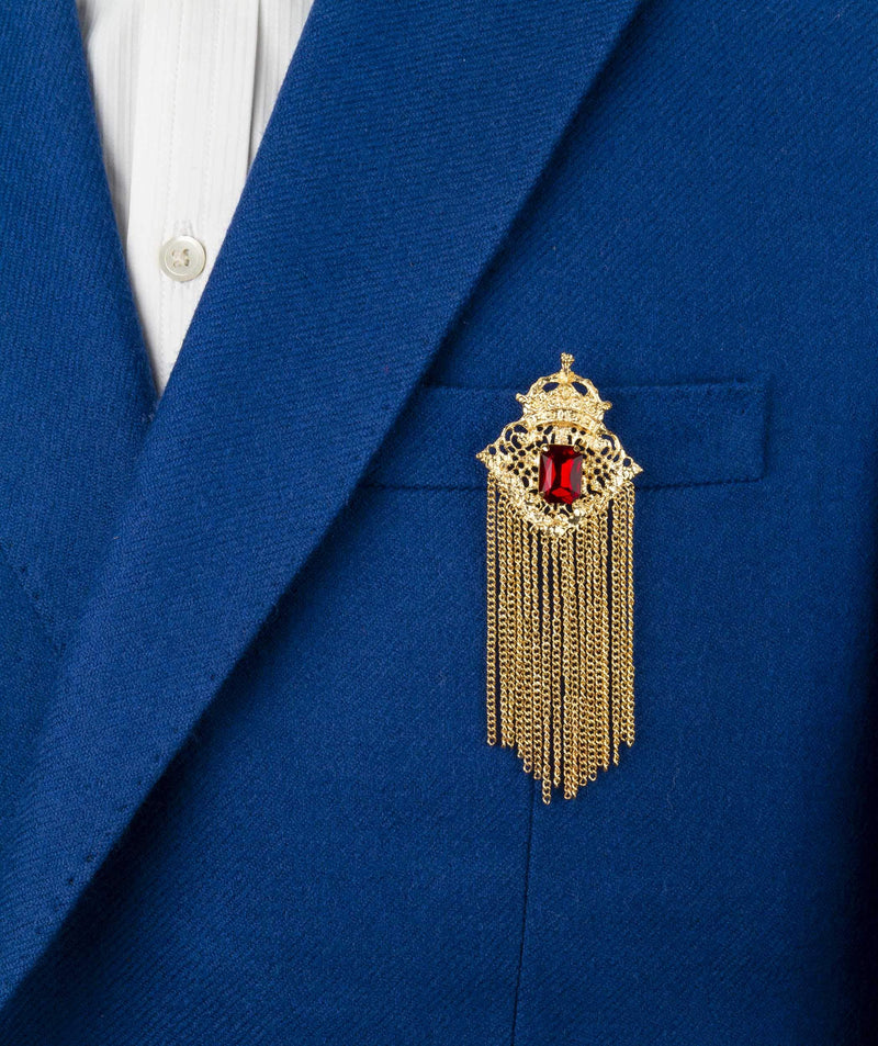 [Australia] - Knighthood Crowned Deep Red Stone with Abstract Work and Hanging Chain Brooch 