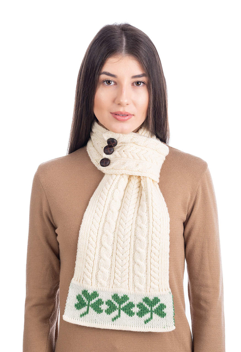 [Australia] - SAOL 100% Merino Wool Aran Loop Scarf featuring Shamrock Pattern, in Natural/Navy/Green 