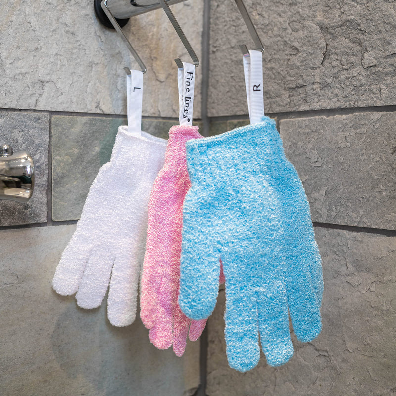 [Australia] - Exfoliating Shower Gloves with Hanging Hoops Labelled Left & Right – Prevents Bacteria Spreading – Protected Design by Fine Lines 3 Pairs with Hanging Hoop / Multi-Coloured 