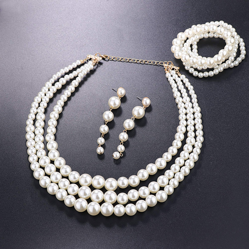 [Australia] - Finrezio Women's Faux Three Multi-Strand Pearl Necklace Long Pearl Dangle Earrings and Bracelet Jewelry Set for Women 