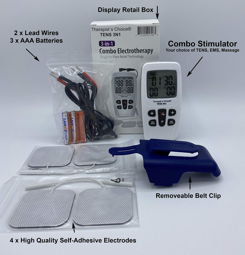 [Australia] - Therapist’s Choice® TENS3N1 Dual Channel, Digital Combo with TENS, EMS and Massage with Accessories, White 