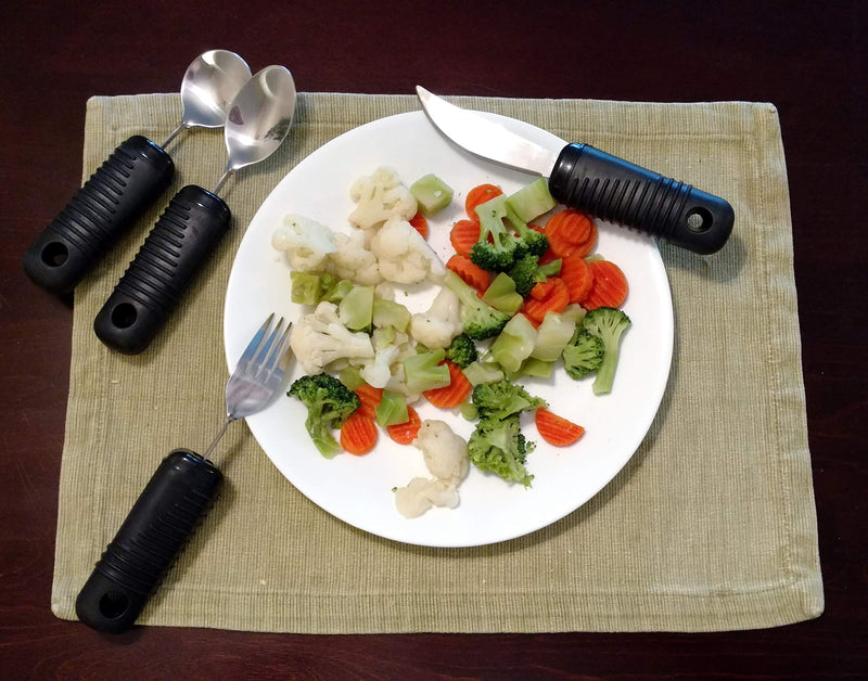 [Australia] - Blue Jay Make Eating Easier Big Grip Utensil Set - Arthritis Aid Silverware Set, 1.5in Ribbed Made with Ribbed Rubber Handles and Stainless Steel, for Weak Grip, Latex-Free, Eating Aids 