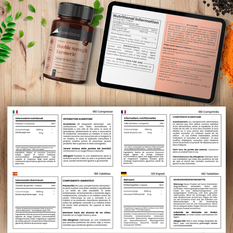 [Australia] - Double Strength Turmeric - 1000mg x 180 Tablets - Natural Levels of Curcumin - and 5mg Black Pepper Extract. 