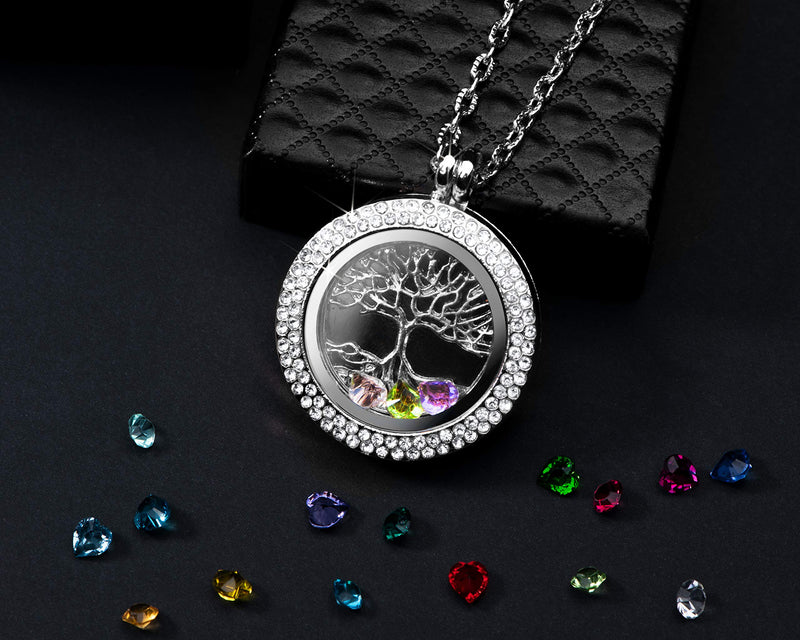 [Australia] - I Love You to The Moon and Back Family Tree of Life Floating Charms Memory Locket Necklace with Created Birthstone Silver 
