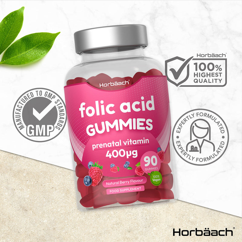 [Australia] - Folic Acid Gummies 400 mcg | 90 Vegan Gummies (3 Months Supply) | Pregnancy Care Vitamins for Women | Prenatal Health & Maternal Tissue Growth During Pregnancy | by Horbaach 