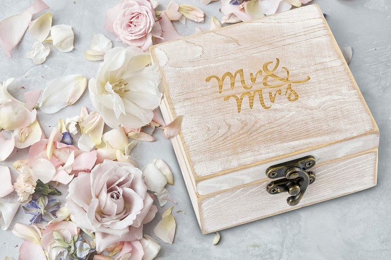 [Australia] - Strova Wooden Ring Box for Wedding Rings and Couple Jewelry - Engraved Mr. & Mrs. Lettering - Ring Bearer Box for Display or Personal Organizer - Brass Latch and Soft, Protective Ring Cushions 