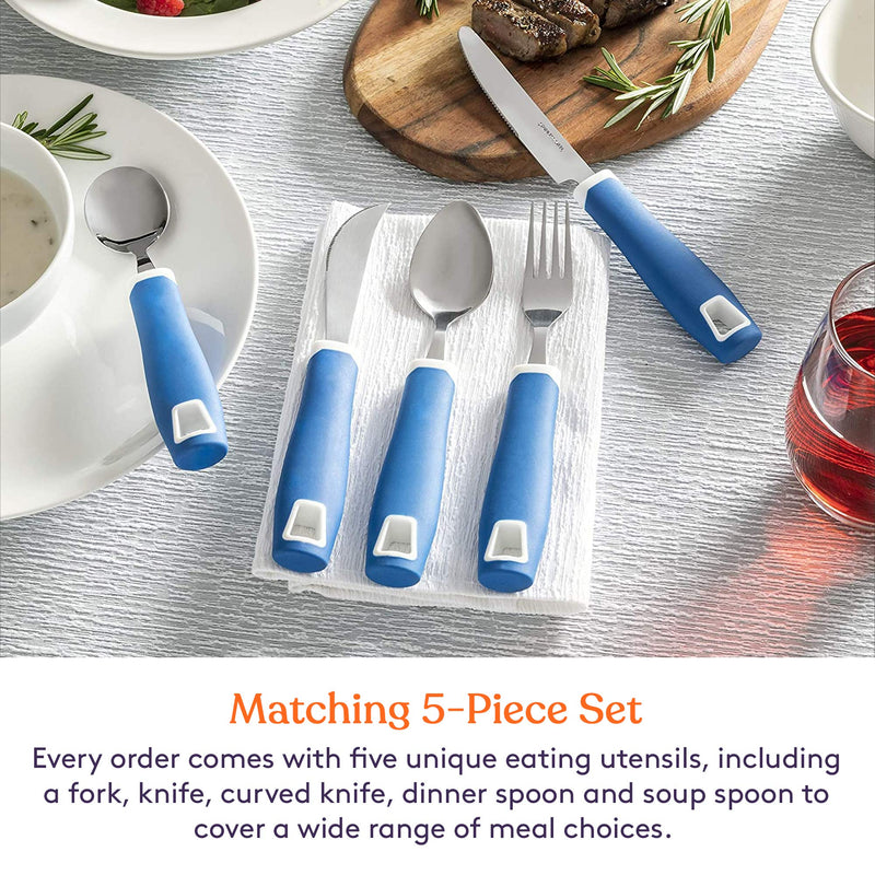 [Australia] - Special Supplies Adaptive Utensils 5-Piece Set Non-Weighted, Non-Slip Handles for Hand Tremors, Arthritis, Parkinson’s or Elderly Use - Stainless Steel Knife, Rocker Knife, Fork, Spoons - Blue 