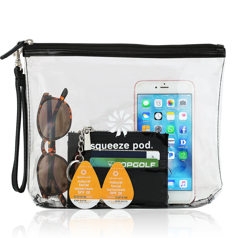 [Australia] - Clear Travel Bag with Heavy Duty Transparent Plastic Pouch, Zipper & Carry Strap - Water Resistant Great for Day Trips, Beach, Pool or Sporting Events. Stands Up for Easy Loading – Black Trim (CTBMSB) 