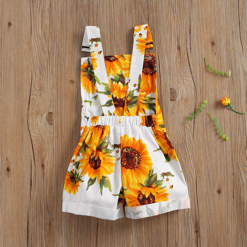 [Australia] - wdehow Toddler Baby Girl Sunflower Print Bib Overalls Backless Suspender Shorts Jumpsuits Summer Casual Romper with Pockets White 2-3T 