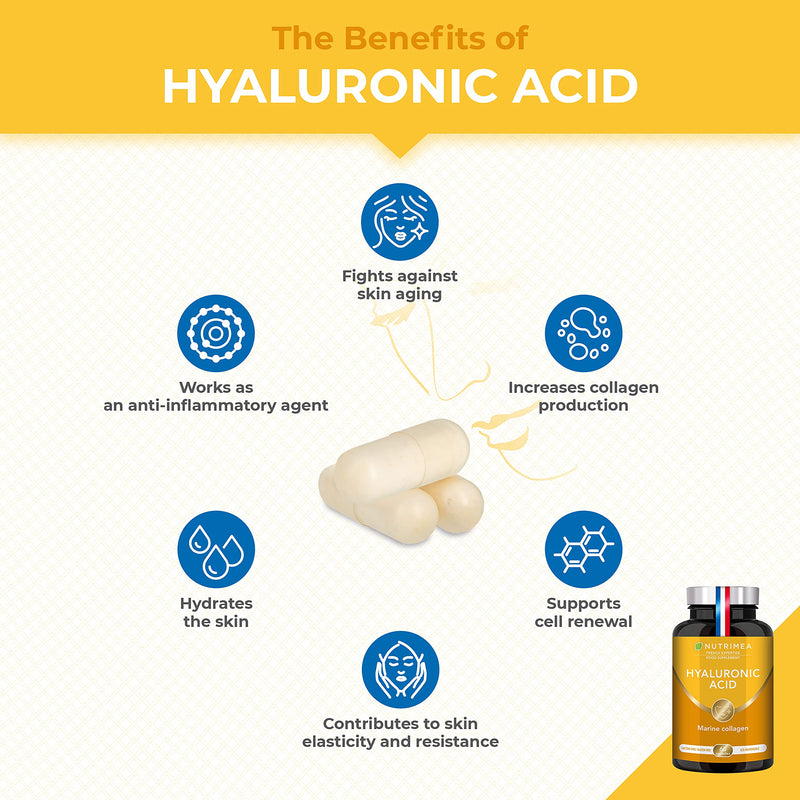 [Australia] - Hyaluronic Acid & Marine Collagen - Enriched with Vitamins A & C - Natural Anti-Wrinkle, Restructure Skin, Protect Joints and Anti-Aging - New Formula - Plant-Based Capsules - French Expertise 