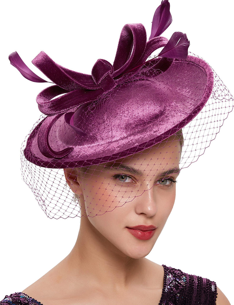 [Australia] - BABEYOND Tea Party Fascinator Kentucky Derby Hat Fascinator Cocktail Pillbox Hat Veil Headband Purple 