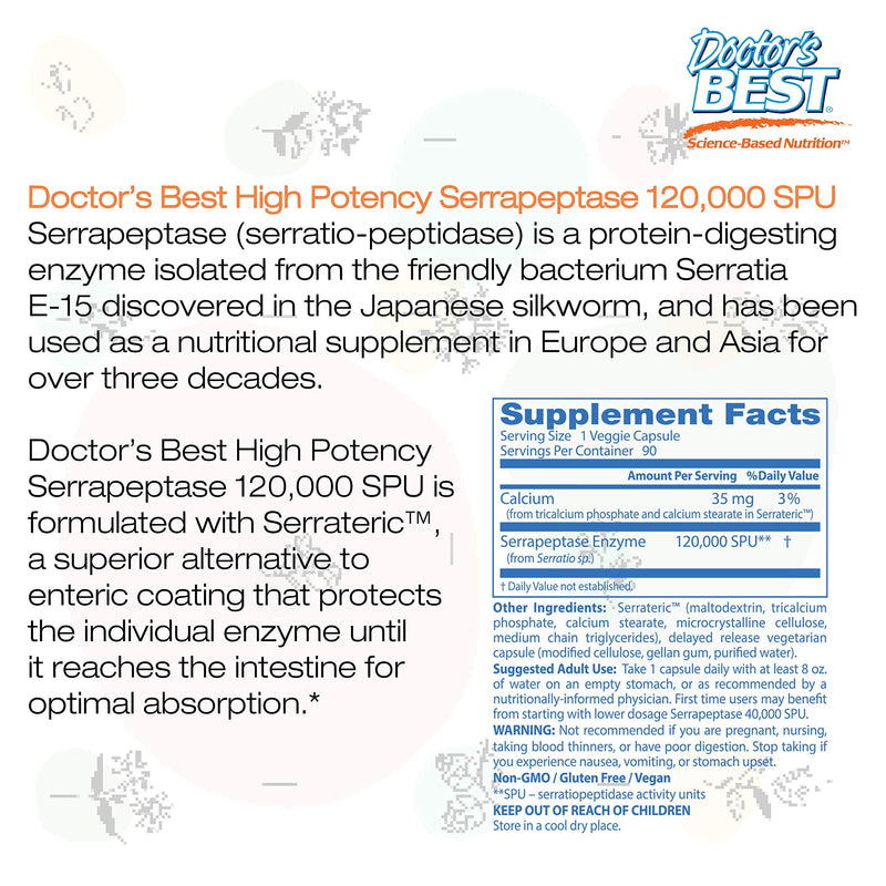 [Australia] - Doctor's Best High Potency Serrapeptase, Non-GMO, Gluten Free, Vegan, Supports Healthy Sinuses, 120,000 SPU, 90 Count 