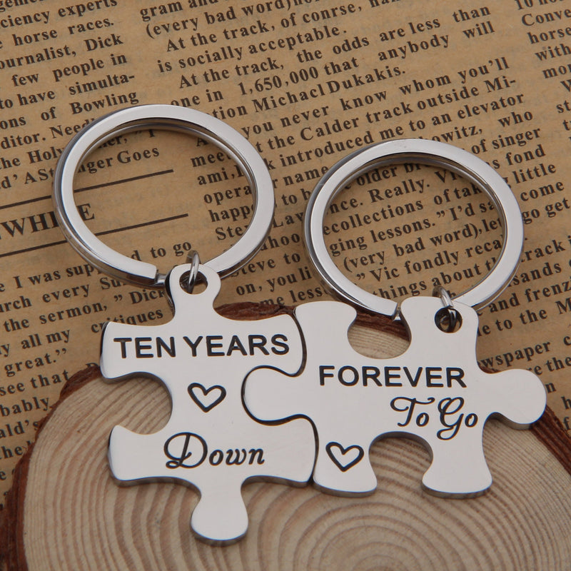 [Australia] - FEELMEM 10th Anniversary Present Ten Years Down Forever To Go Couples Puzzle Keychain Set Of Two 10 Years Anniversary Key Chain Present For Him or Her (silver) 