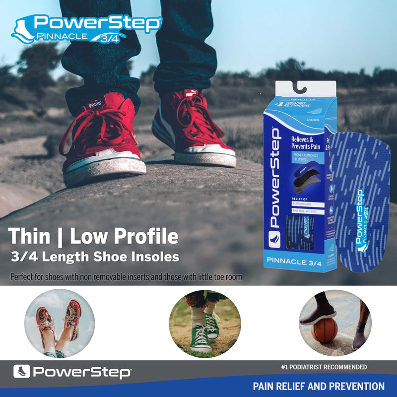 [Australia] - Powerstep Insoles, Pinnacle 3/4 Thin, Arch Pain Relief Insole, For Tight Shoes, Arch Support Orthotic For Women and Men Blue Men's 9-9.5 / Women's 11-11.5 