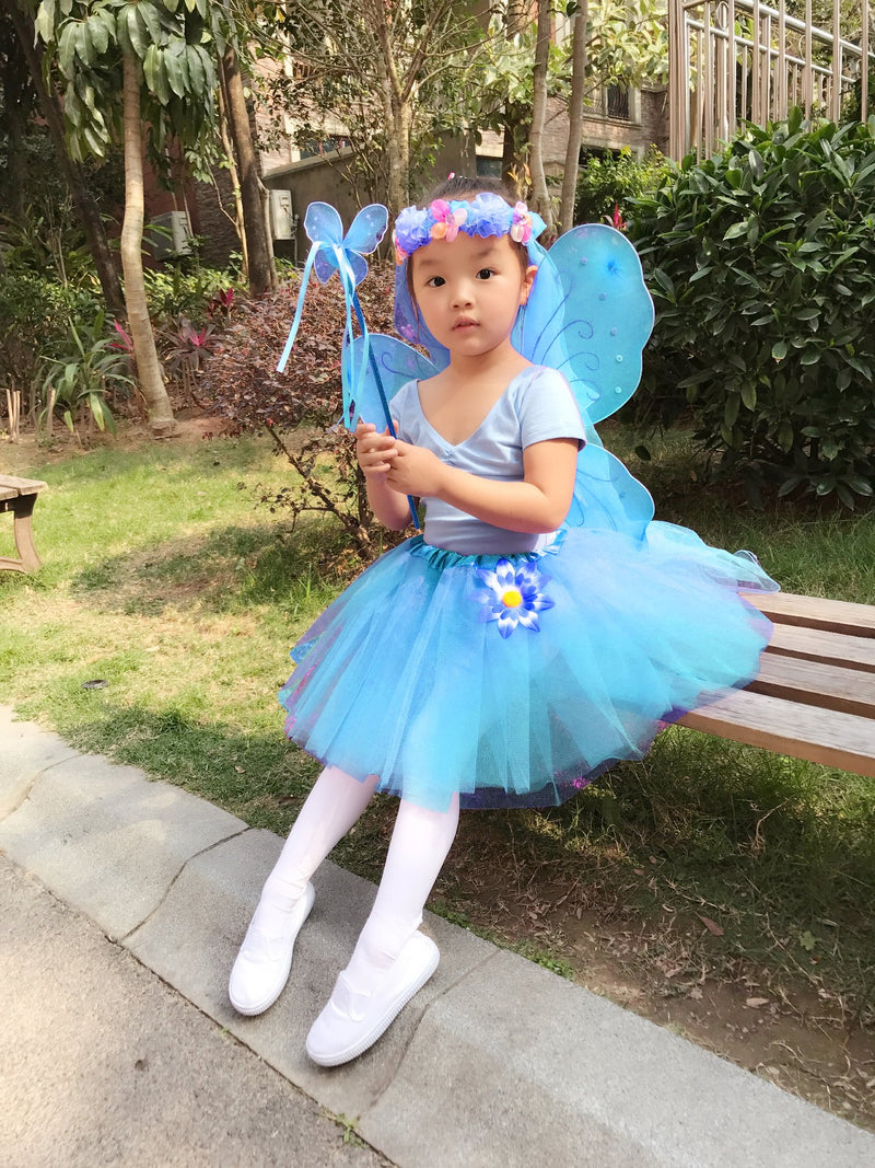 [Australia] - Fedio 4Pcs Girls Princess Fairy Costume Set with Wings, Tutu, Wand and Floral Wreath Veil for Children Ages 3-6 Blue 