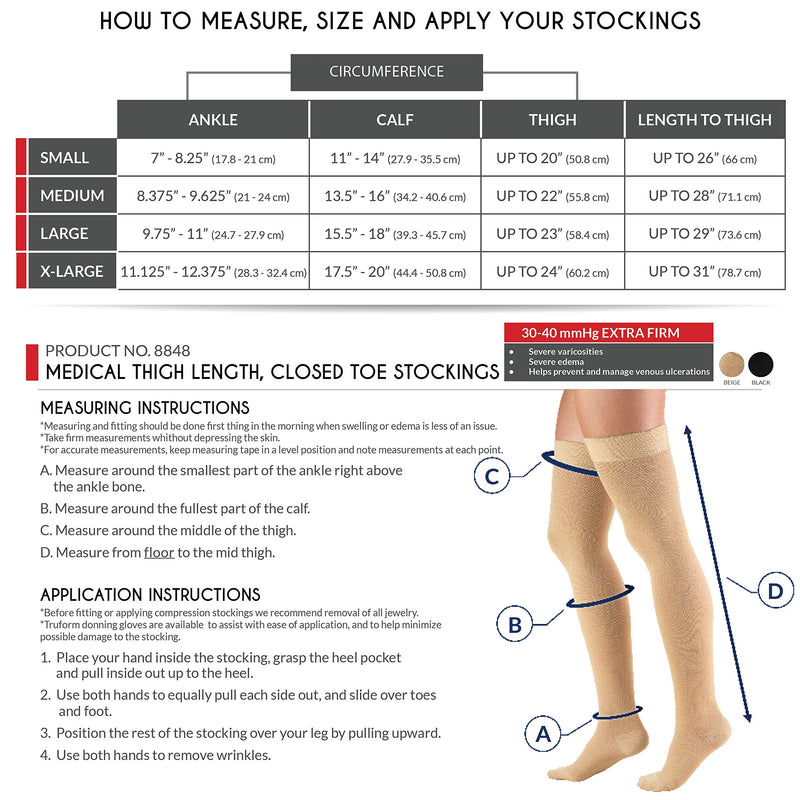 [Australia] - Truform 30-40 mmHg Compression Stockings for Men and Women, Thigh High Length, Dot-Top, Closed Toe, Black, X-Large X-Large (1 Pair) 