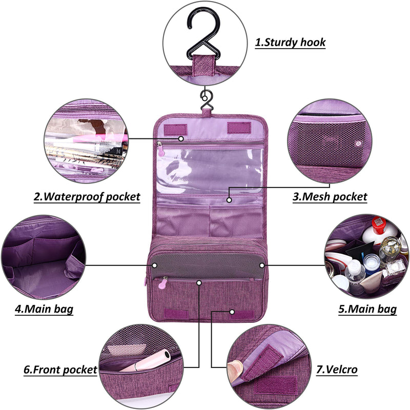 [Australia] - VOCUS Travel Hanging Toiletry Bag Cosmetic Makeup Organizers for Women Travel Toiletries Kit Dopp Kit for Men Shaving Bag Bathroom Shower Bag with Hook cationic fabric Purple 