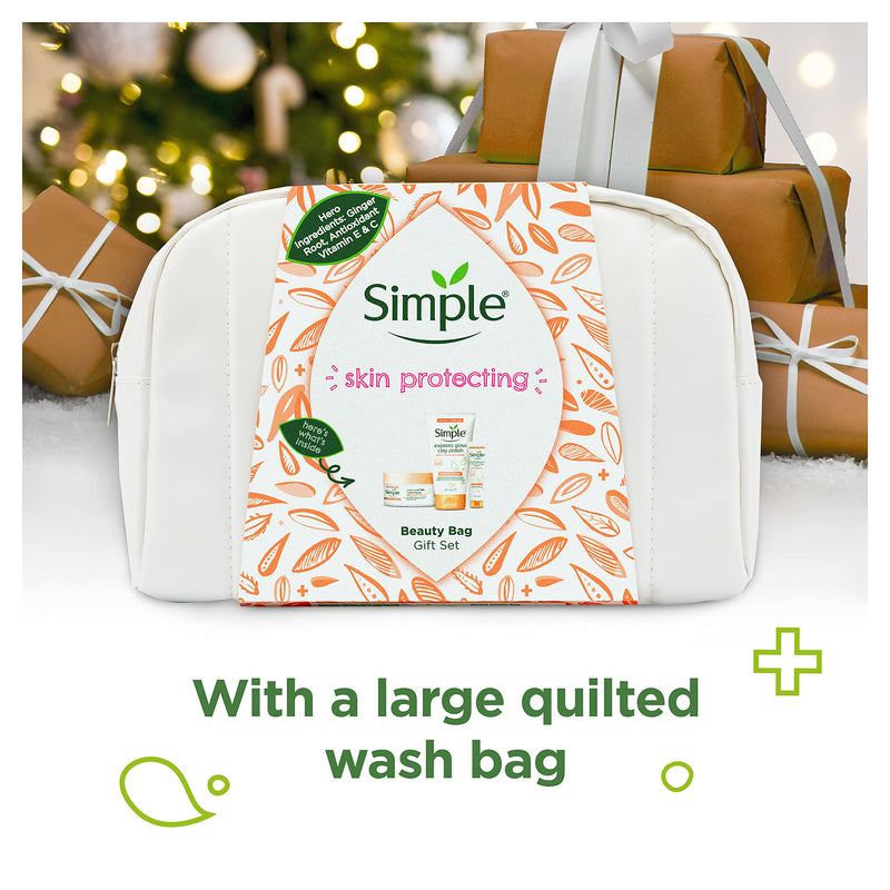 [Australia] - Simple Skin Protect & Glow Beauty Bag with Skin Care Triple Protect Moisturer SPF30 & large Beauty Wash Bag Gift Set Festive gifts for Women 3 piece 