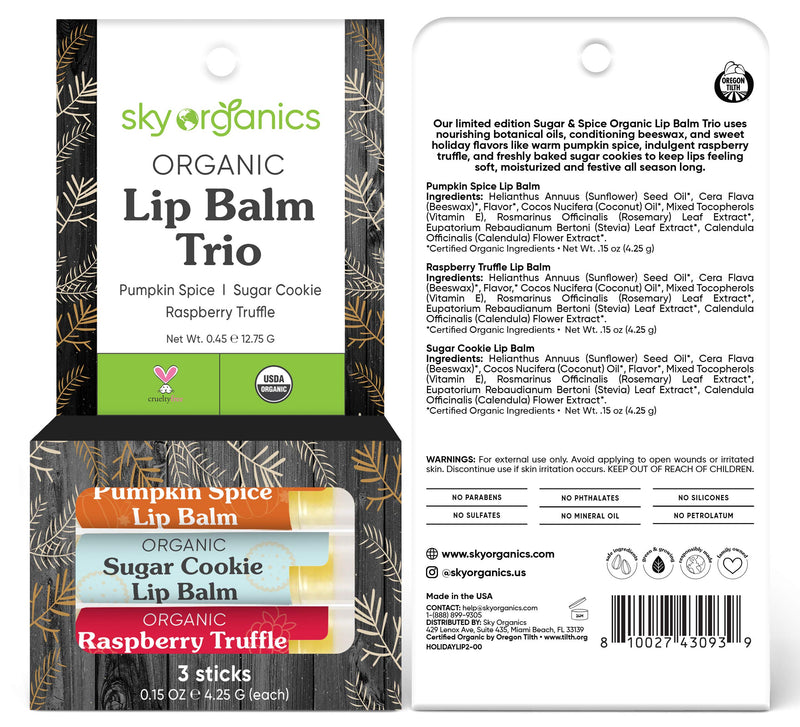 [Australia] - USDA Organic Lip Balm Trio by Sky Organics (3 Sticks) Winter Flavors Moisturizing Lip Balm Gift Set Pumpkin Spice, Sugar Cookie, Raspberry Truffle Limited Edition Cruelty-free Made In USA 