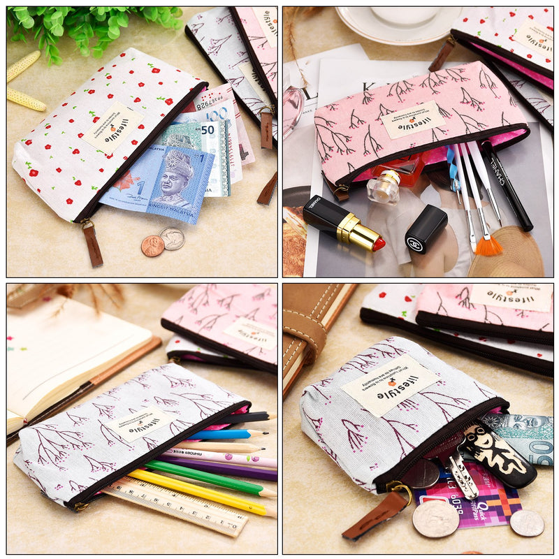 [Australia] - TecUnite 6 Pieces Pencil Bag Pen Case Flower Floral Canvas Pencil Pen Case Multi-functional Cosmetic Makeup Bag Set Coin Purse 