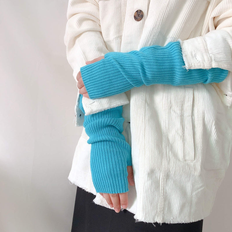 [Australia] - Flammi Women's Knit Arm Warmer Gloves Warm Cashmere Long Fingerless Mittens with Thumb Hole Aqua Blue 