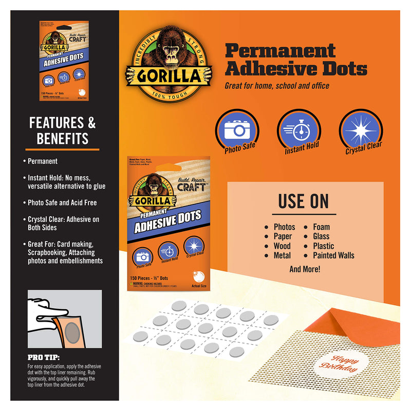[Australia] - Gorilla Permanent Adhesive Dots, Double-Sided, 150 Pieces, 0.5" Diameter, Clear, (Pack of 1) 1 Pack 