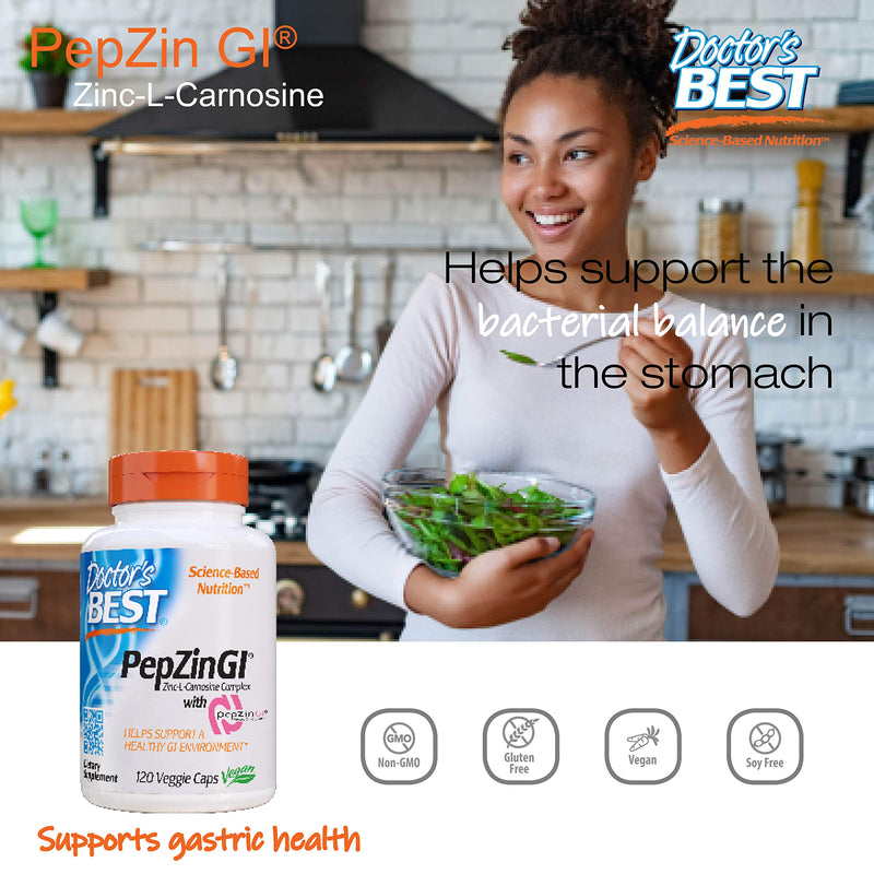[Australia] - Doctor's Best PepZin GI, Zinc-L-Carnosine Complex, Non-GMO, Vegan, Gluten Free, Soy Free, Digestive Support, 120 Veggie Caps 120 Count (Pack of 1) 