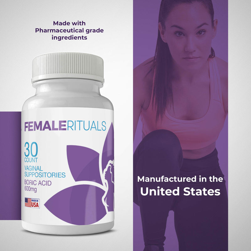 [Australia] - Female Rituals Boric Acid Suppositories 600 mg - Vaginal Pills for PH Balance Odors Yeast Infection Treatment - USA Made Feminine Hygiene Products - Vaginal Suppository Yoni Pops Pearls (30 Count) 