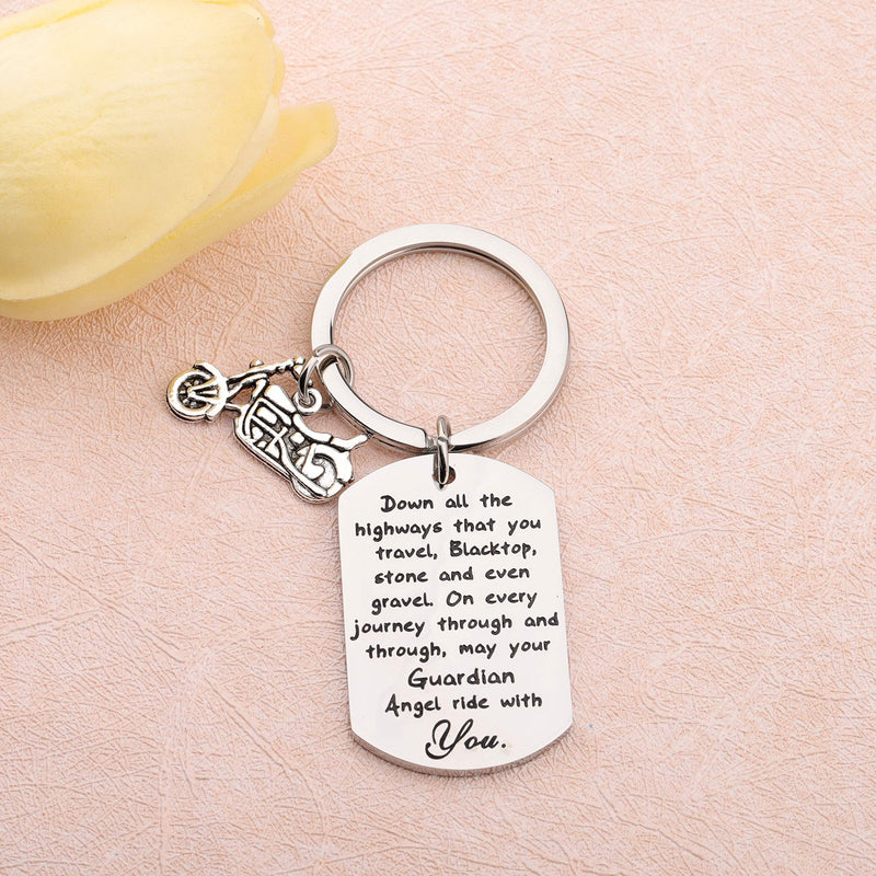 [Australia] - FUSTMW Biker Keychain Motorcycle Gift Ride Safe Keychain May Your Guardian Angel Ride with You New Driver Gift for Biker silver 