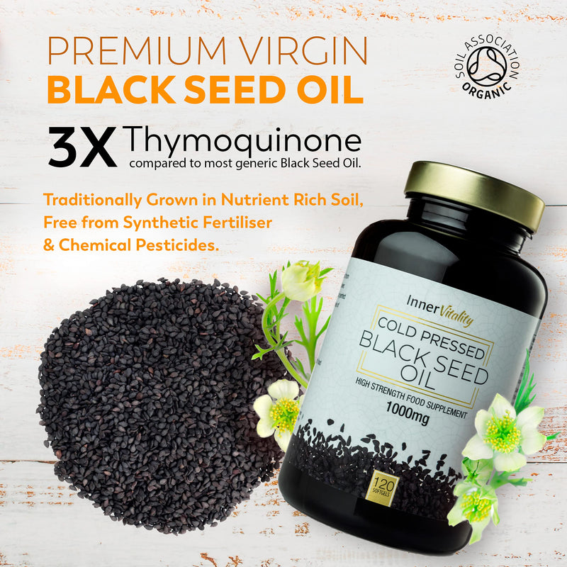 [Australia] - Black Seed Oil 120 Double Strength Capsules - Premium Cold Pressed Virgin Oil, High Strength Thymoquenine 3X% | 1000mg Softgels with Zero Additives (Non-GMO) Made in UK by Inner Vitality 