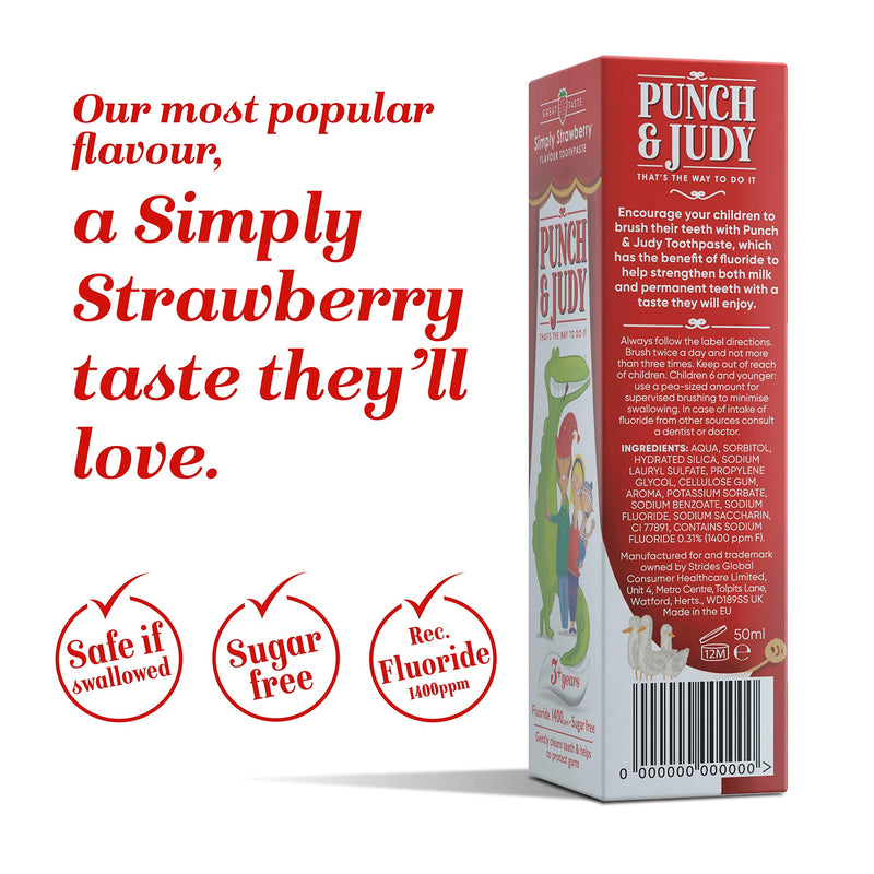 [Australia] - Punch & Judy - Simply Strawberry Flavour Toothpaste, Fluoride 1,400 ppm, 3+ Years, Sugar Free, 50ml 79 g (Pack of 1) 