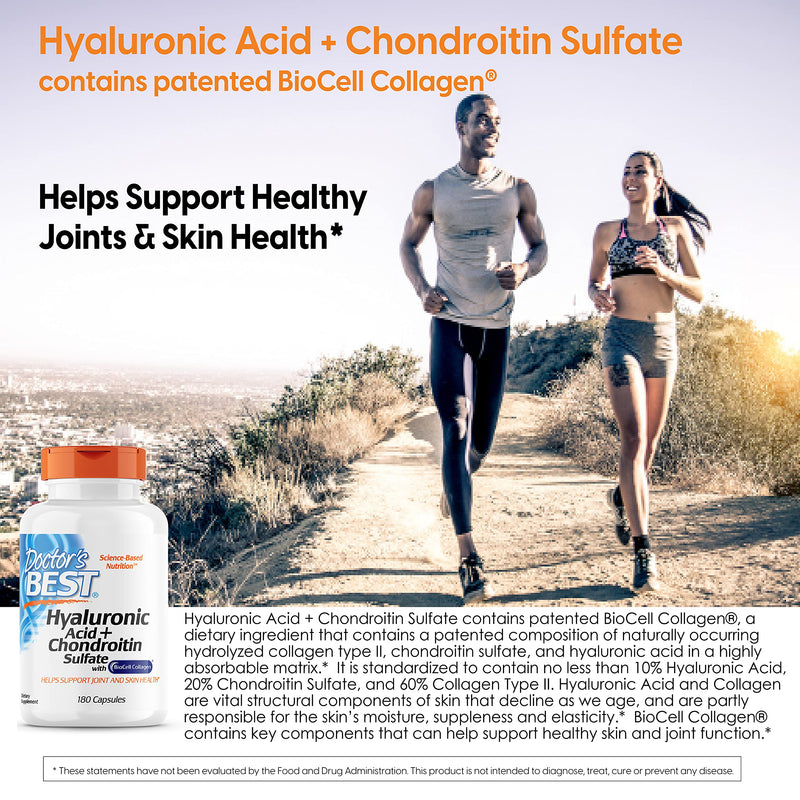 [Australia] - Doctor's Best Hyaluronic Acid with Chondroitin Sulfate, Featuring BioCell Collagen, Non-GMO, Gluten Free, Soy Free, Joint Support, 180 Count (Pack of 1) 