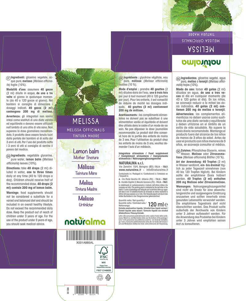[Australia] - Lemon Balm (Melissa officinalis) Leaves Alcohol-Free Mother Tincture Naturalma | Liquid Extract Drops 120 ml | Food Supplement | Vegan 120 ml (Pack of 1) 