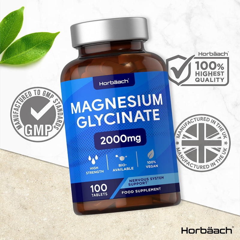 [Australia] - Magnesium Glycinate Supplement | 2000mg | 100 Vegan Tablets | High Strength Providing 400mg of Elemental Magnesium | Nervous System Support | by Horbaach 