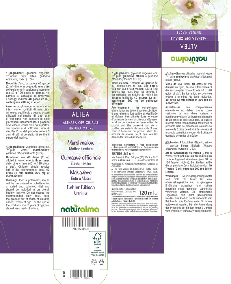 [Australia] - Marshmallow (Althaea officinalis) Roots Alcohol-Free Mother Tincture Naturalma | Liquid Extract Drops 120 ml | Food Supplement | Vegan 120 ml (Pack of 1) 