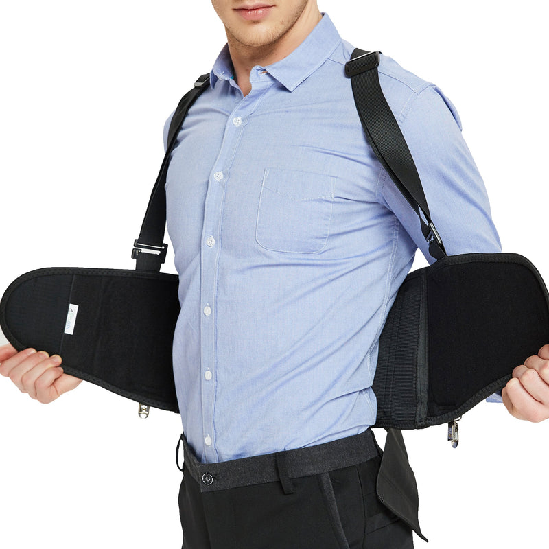[Australia] - NeoTech Care Lumbar Brace with Removable Pants Clips & Detachable Suspenders - Back Support Belt - Adjustable, Light, Breathable - Shoulder Holsters - Work, Posture - Black (Size L) Large (Pack of 1) 