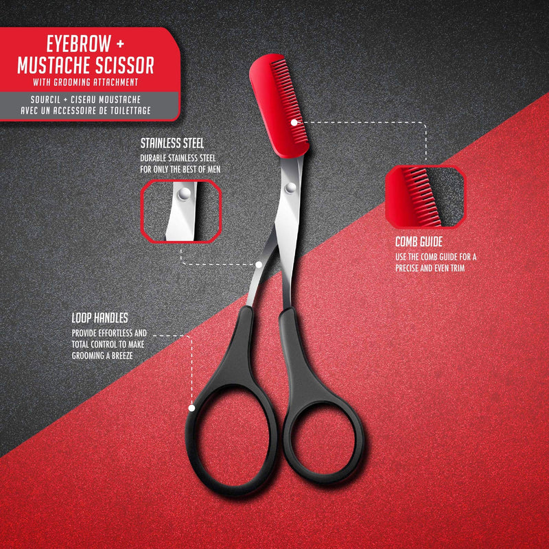 [Australia] - Man Made: Eyebrow + Mustache Scissor, 2 in 1 Comb & Scissor Trimmer, Become a Better Man (Red) Red 