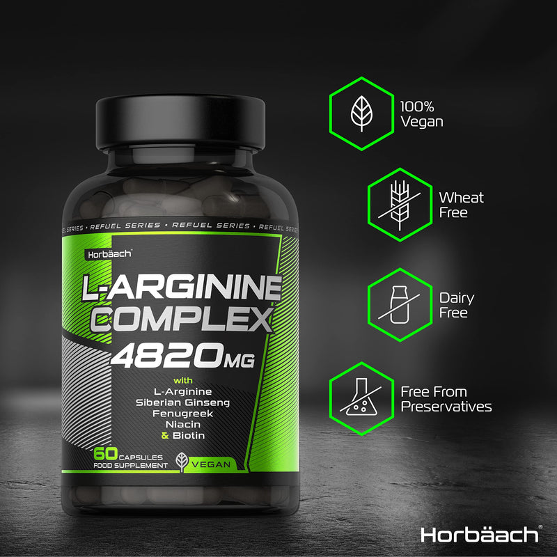 [Australia] - L-Arginine 4820mg | High Strength Complex | with Ginseng, Fenugreek, Niacin (VIT B3) & Biotin | 60 Vegan Capsules | by Horbaach 